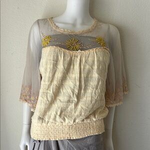 Free People Cream and Yellow Embroidered Blouse